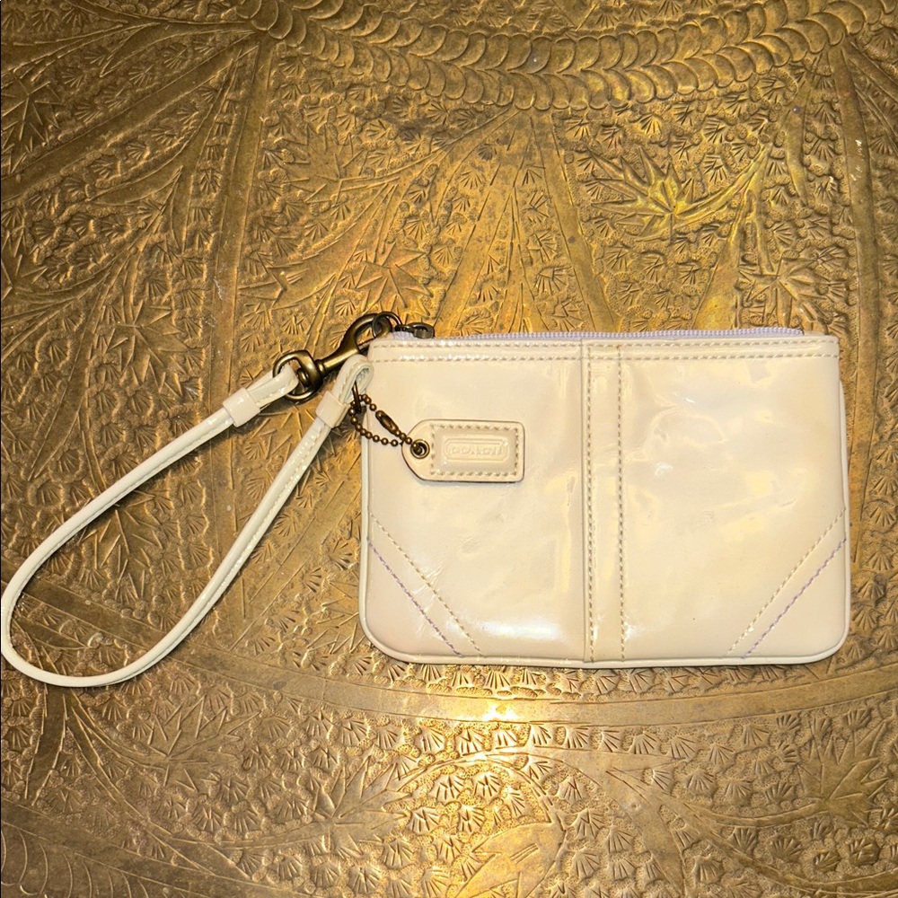 Coach Cream Patent Leather Wristlet with Brass Hardware